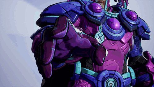 Man In Purple And Blue Armor With X On Neck GIF