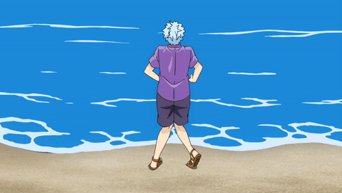 Man In Purple Shirt And Shorts Running On Beach GIF