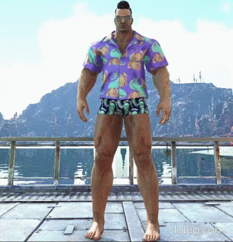 Man In Purple Shirt And Shorts Standing On Dock GIF