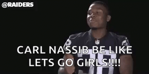 Man In Raiders Jersey Dancing Saying Carl Nassib Be Like Lets Go Girls GIF