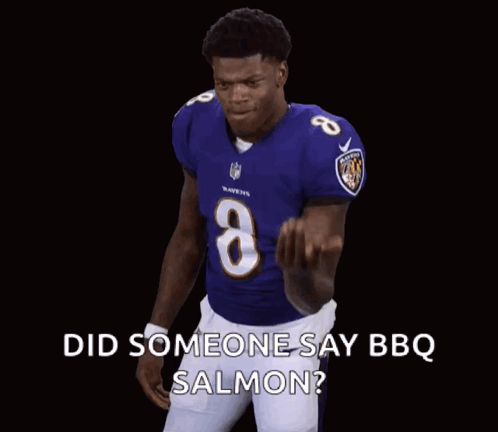 Man in Ravens Jersey Dancing Did Someone Say BBQ Salmon