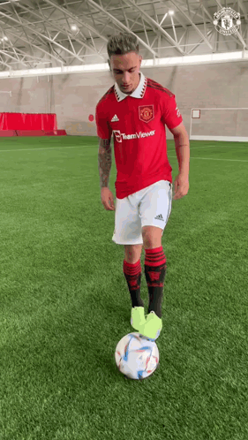 Man in Red Adidas Jersey Kicking Soccer Ball