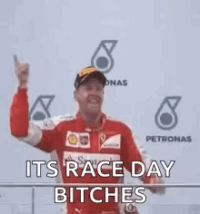 Man in Red and White Jacket Saying Race Day Bitches