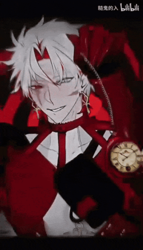 Man In Red And White Outfit With Clock GIF