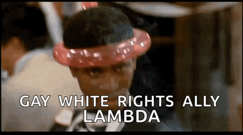 Man In Red Balloon Hat Saying Gay Rights GIF