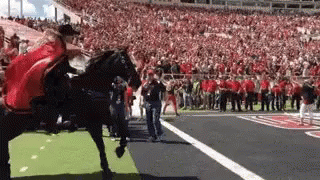 Man in Red Cape Riding Horse on Football Field