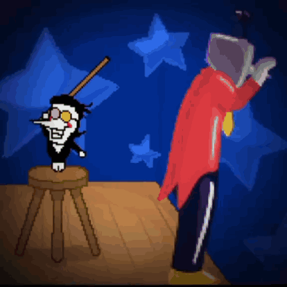 Man In Red Coat Next To Stool And Cartoon Character GIF