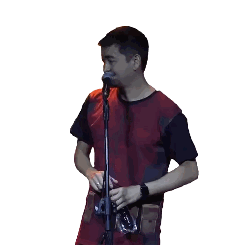 Man in Red Deadpool Shirt at Microphone