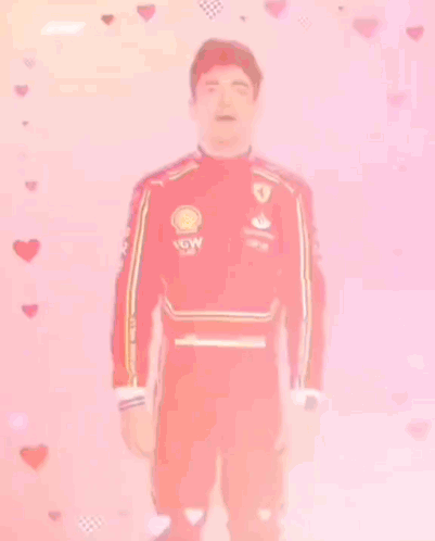 Man in Red Ferrari Suit with Hearts