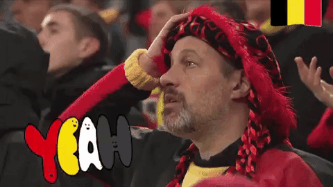 Man in Red Hat and Scarf Sitting in Crowd Saying Yeah