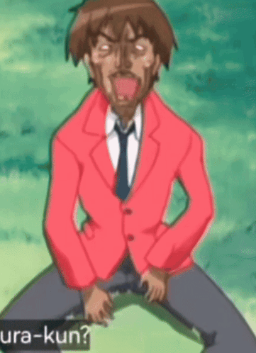 Man In Red Jacket And Tie Kneeling With Ura-Kun GIF