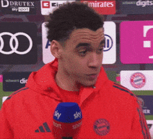 Man In Red Jacket Holding Sky Sport Microphone GIF