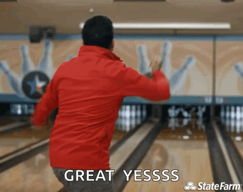 Man in Red Jacket Playing Bowling Says Great Yesss
