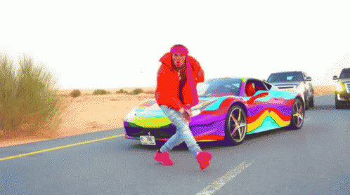 Man in Red Jacket with Rainbow Car and NC License Plate