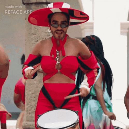 Man In Red Playing Drum With Reface App GIF
