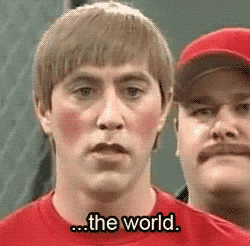 Man in Red Says The World with Man