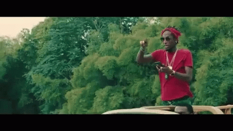 Man in Red Shirt and Sunglasses on Car Roof