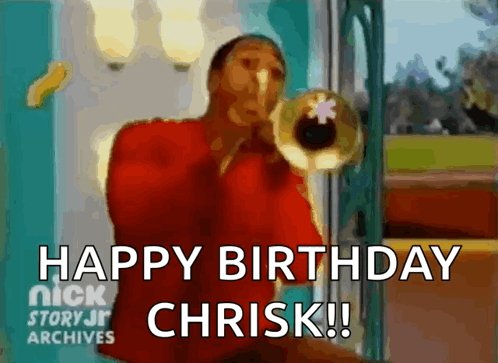 Man in Red Shirt Blowing Trumpet Says Happy Birthday Chris