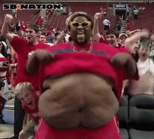 Man In Red Shirt Dancing In Front Of Crowd SB Nation GIF