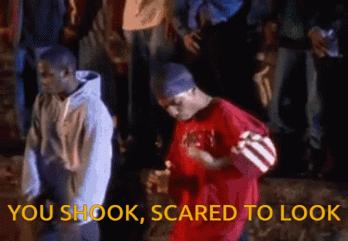 Man In Red Shirt Dancing With You Shook Scared To Look GIF