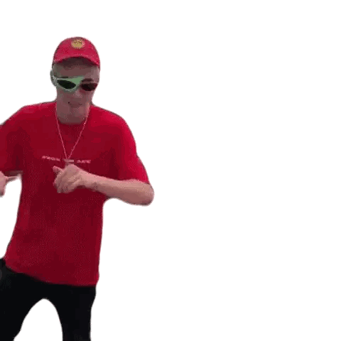 Man in Red Shirt, Hat, Sunglasses, Necklace Dancing