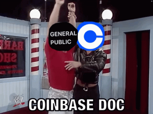 Man In Red Shirt Held Up By Man With Coinbase Logo On Head GIF