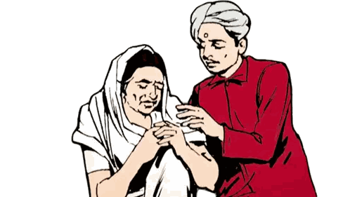 Man in Red Shirt Holding Older Woman's Hands