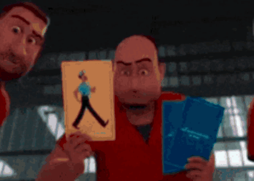 Man in Red Shirt Holding Picture of Walking Man