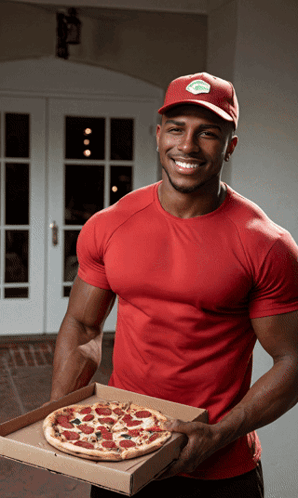 Man In Red Shirt Holding Pizza Box GIF