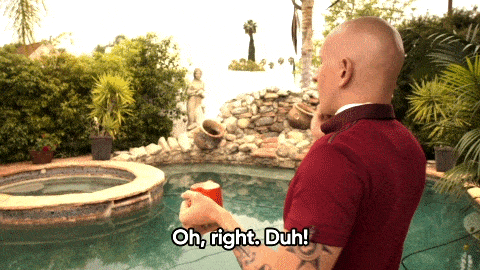 Man in Red Shirt in Front of Pool Oh Right Duh