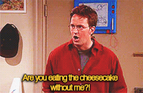 Man in Red Shirt Saying Are You Eating Cheesecake Without Me