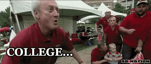 Man in Red Shirt Saying College