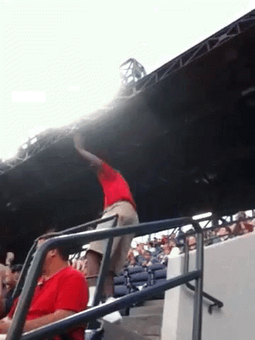 Man In Red Shirt Standing On Railing At Baseball Stadium GIF