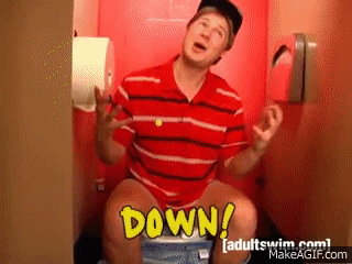 Man in Red Striped Shirt Sitting on Toilet