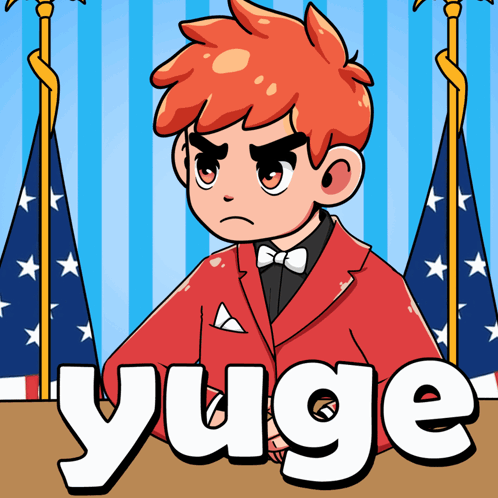 Man in Red Suit and Bow Tie Saying Yuge