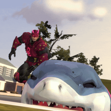 Man in Red Suit with R Standing Next to Shark