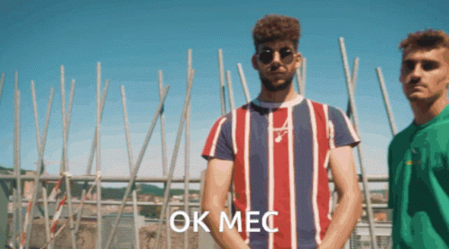 Man In Red White Blue Striped Shirt Next To Green Shirt Man Saying Ok Mec GIF