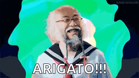 Man in Sailor Suit With Beard and Glasses Arigato