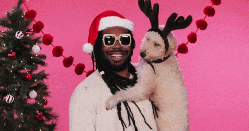 Man In Santa Hat And Sunglasses Holding Dog With Antlers GIF