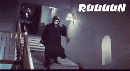 Man In Scream Mask Running Down Stairs GIF