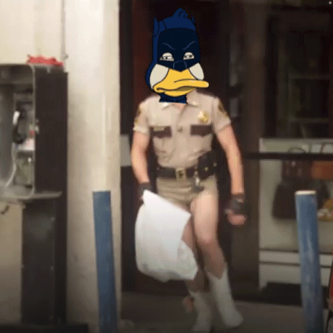 Man In Sheriff Uniform With Duck Mask GIF