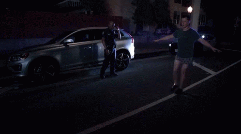 Man in Shorts Standing in Front of Police Car at Night