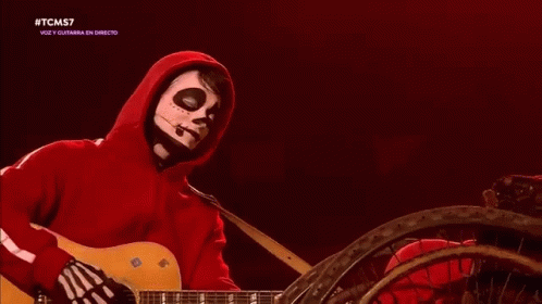 Man in Skeleton Costume Playing Guitar on Stage