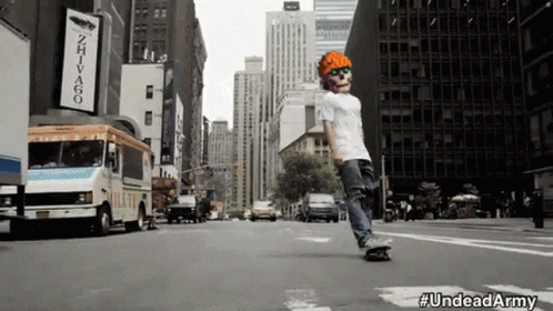 Man in Skull Mask Riding Skateboard