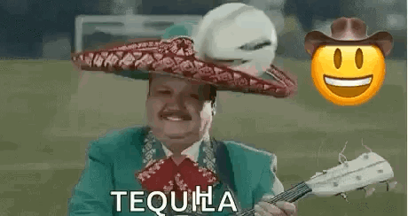 Man In Sombrero Playing Guitar And Holding Soccer Ball GIF