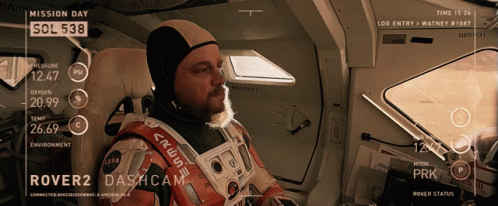 Man In Space Suit Looking At Mission Day Screen GIF