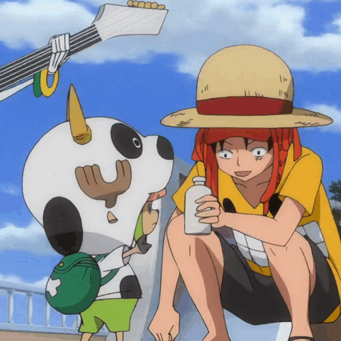 Man In Straw Hat Holding Bottle Near Cartoon Dog GIF