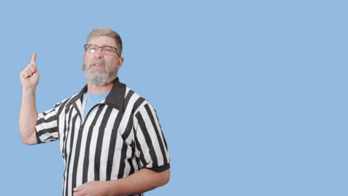 Man in Striped Shirt Pointing Up Saying You're Out