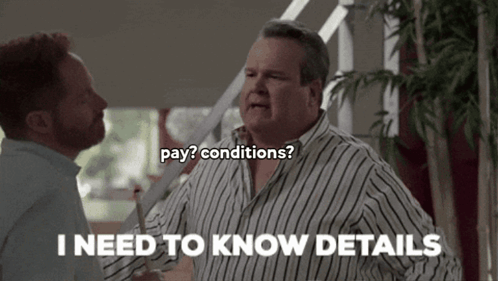 Man In Striped Shirt Says Pay Conditions GIF