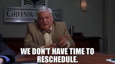 Man in Suit and Bow Tie Saying No Reschedule